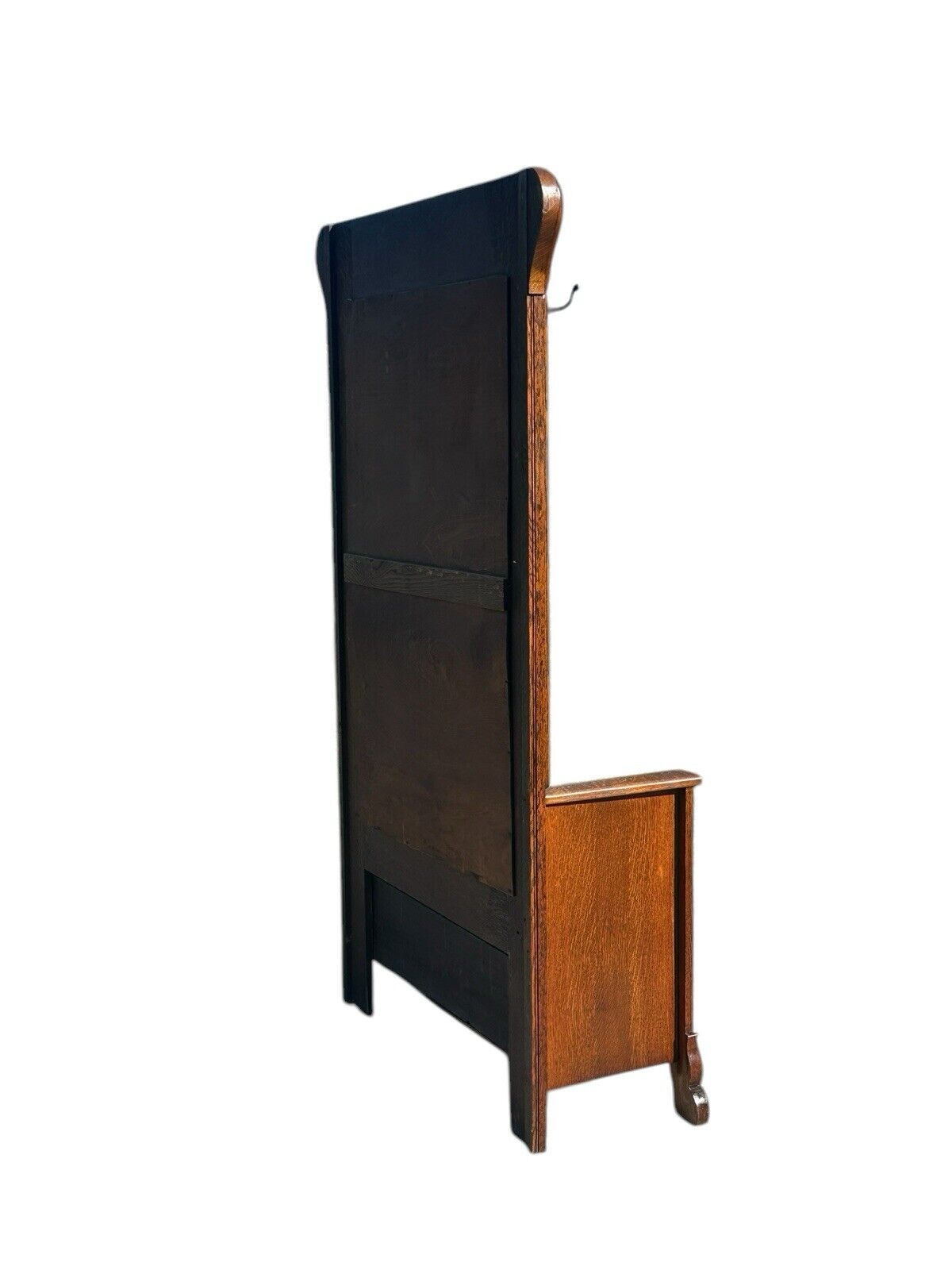 Victorian Tiger Oak Hall Tree With Beveled Mirror & Lift Top Seat on Carved Legs - Bay Colony Antiques Antiques:Furniture:Hall Trees & Stands