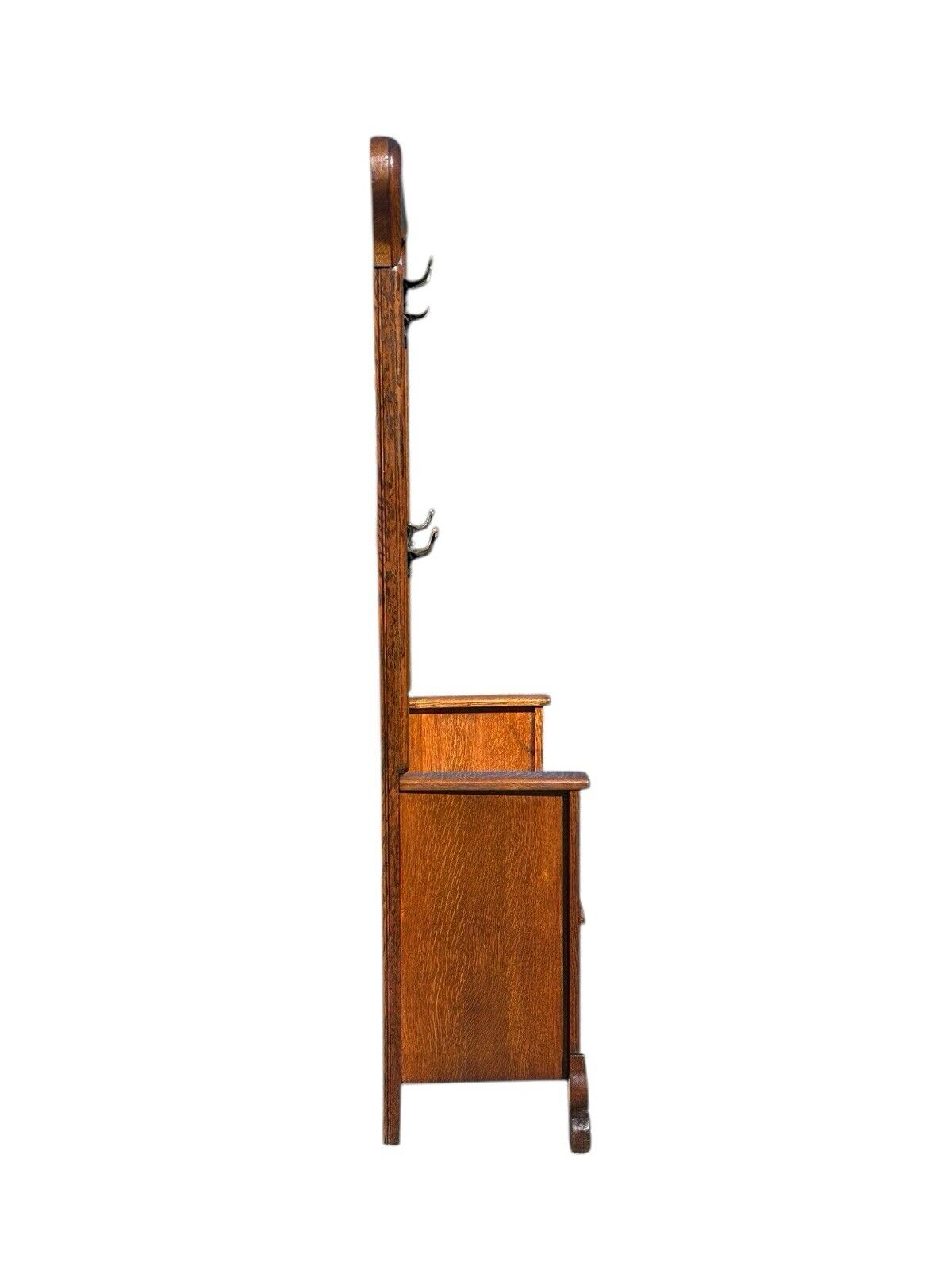 Victorian Tiger Oak Hall Tree With Beveled Mirror & Lift Top Seat on Carved Legs - Bay Colony Antiques Antiques:Furniture:Hall Trees & Stands