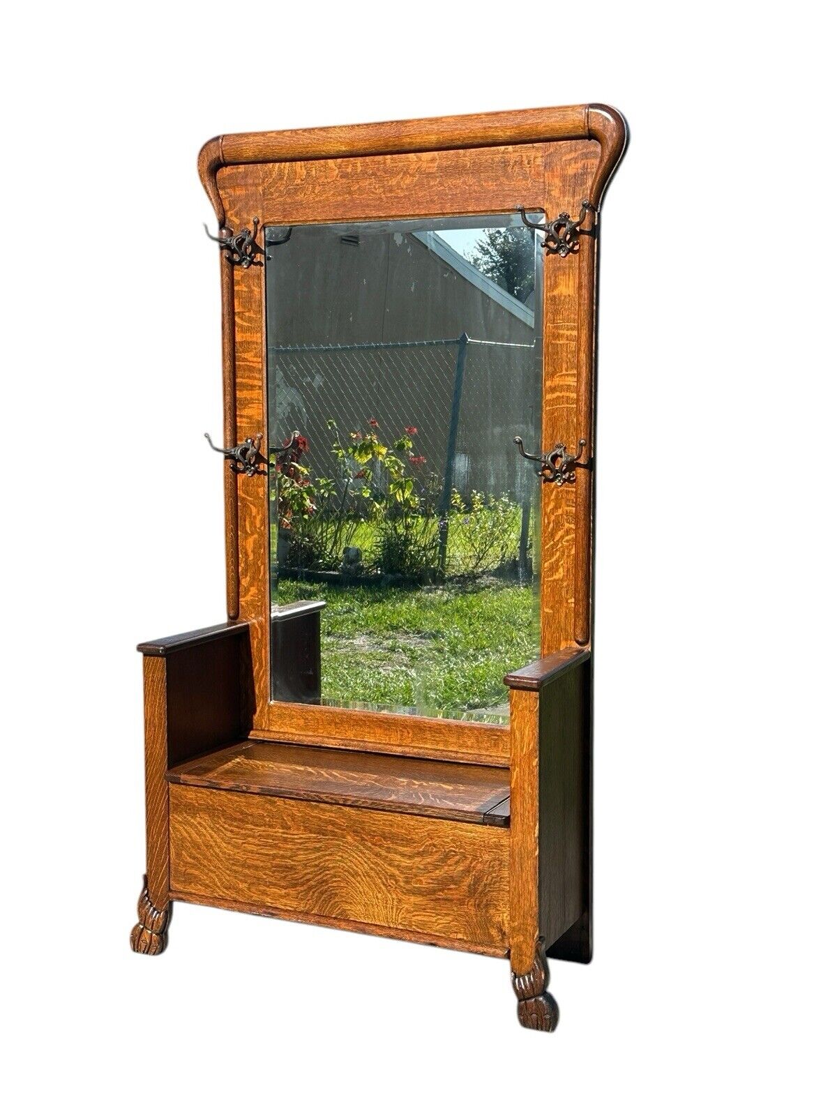 Victorian Tiger Oak Hall Tree With Beveled Mirror & Lift Top Seat on Carved Legs - Bay Colony Antiques Antiques:Furniture:Hall Trees & Stands