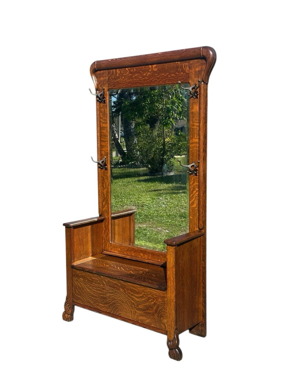 Victorian Tiger Oak Hall Tree With Beveled Mirror & Lift Top Seat on Carved Legs - Bay Colony Antiques Antiques:Furniture:Hall Trees & Stands