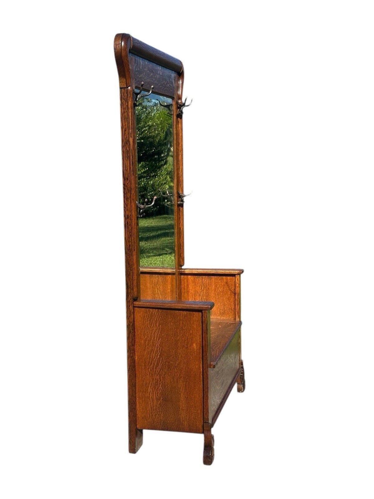 Victorian Tiger Oak Hall Tree With Beveled Mirror & Lift Top Seat on Carved Legs - Bay Colony Antiques Antiques:Furniture:Hall Trees & Stands