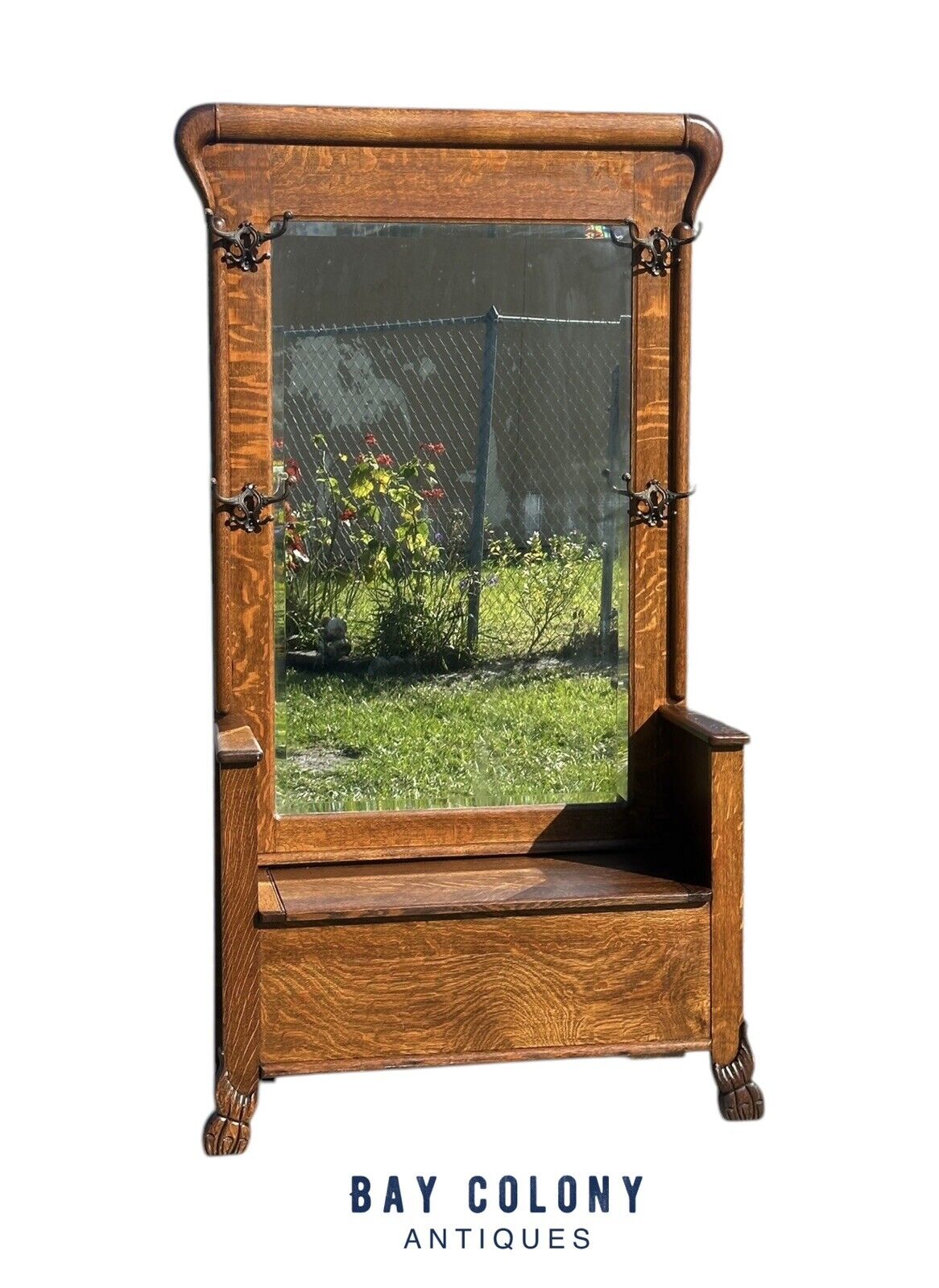 Victorian Tiger Oak Hall Tree With Beveled Mirror & Lift Top Seat on Carved Legs - Bay Colony Antiques Antiques:Furniture:Hall Trees & Stands