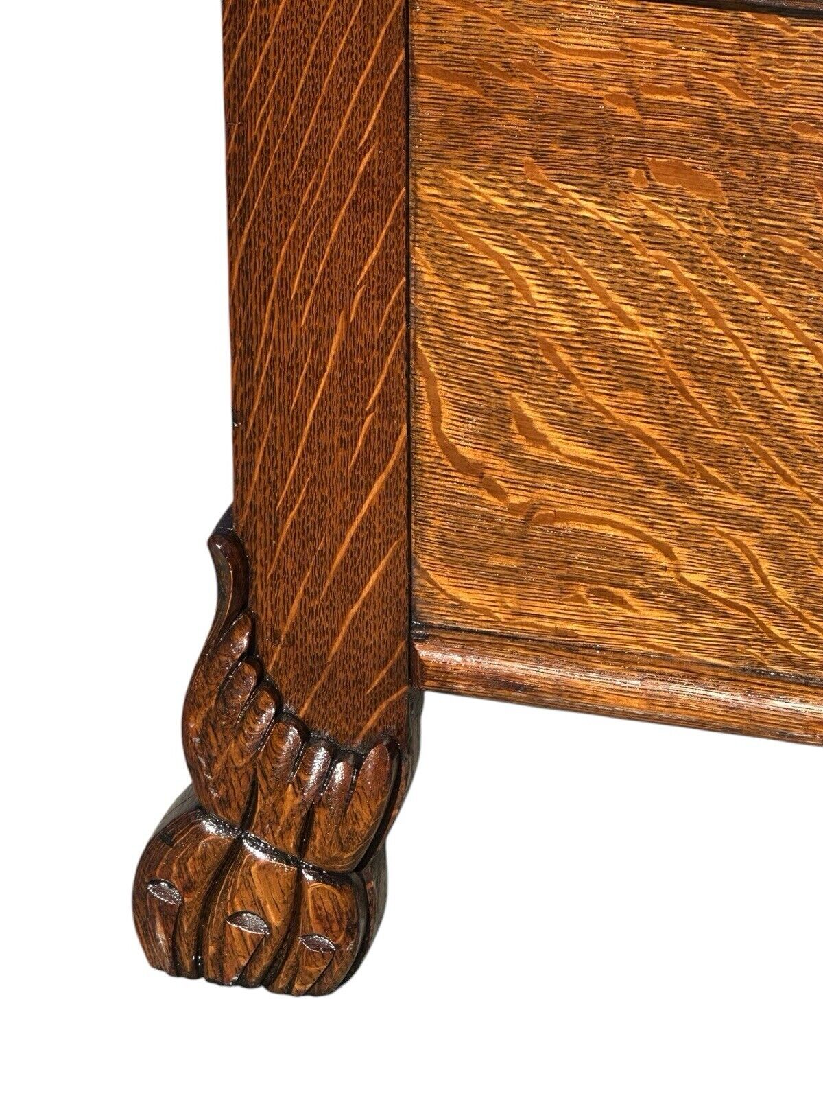 Victorian Tiger Oak Hall Tree With Beveled Mirror & Lift Top Seat on Carved Legs - Bay Colony Antiques Antiques:Furniture:Hall Trees & Stands
