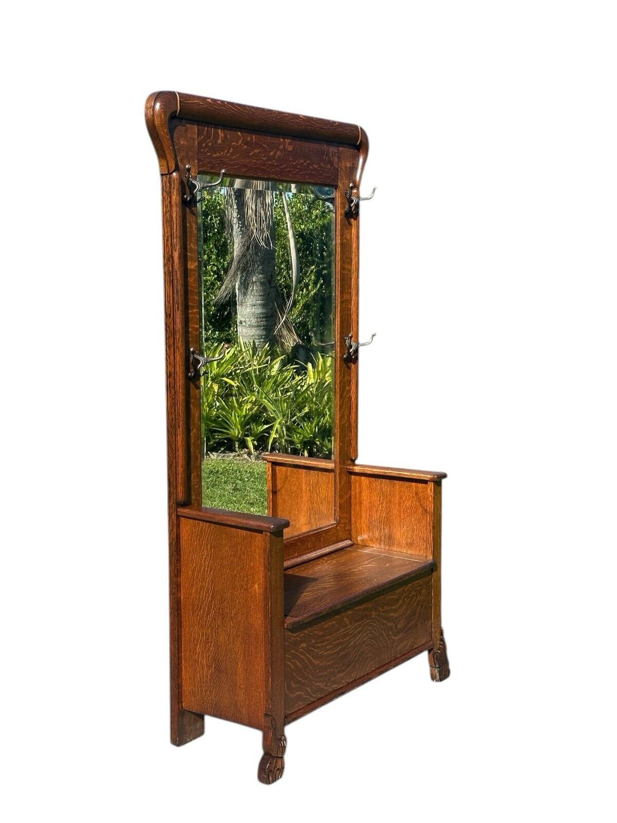 Victorian Tiger Oak Hall Tree With Beveled Mirror & Lift Top Seat on Carved Legs - Bay Colony Antiques Antiques:Furniture:Hall Trees & Stands