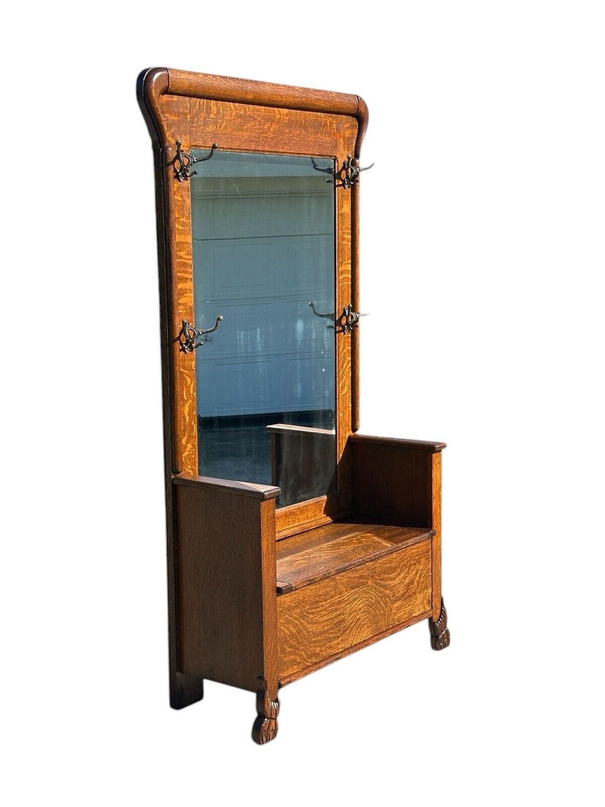 Victorian Tiger Oak Hall Tree With Beveled Mirror & Lift Top Seat on Carved Legs - Bay Colony Antiques Antiques:Furniture:Hall Trees & Stands