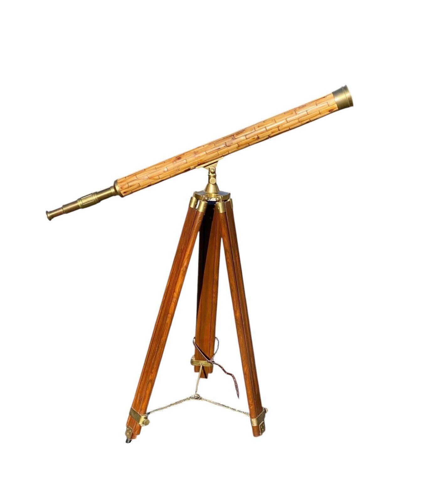 Vintage Brass Telescope / Spyglass with Bamboo Inlay & Adjustable Tripod Base - Bay Colony Antiques Antiques:Maritime:Maritime Telescopes