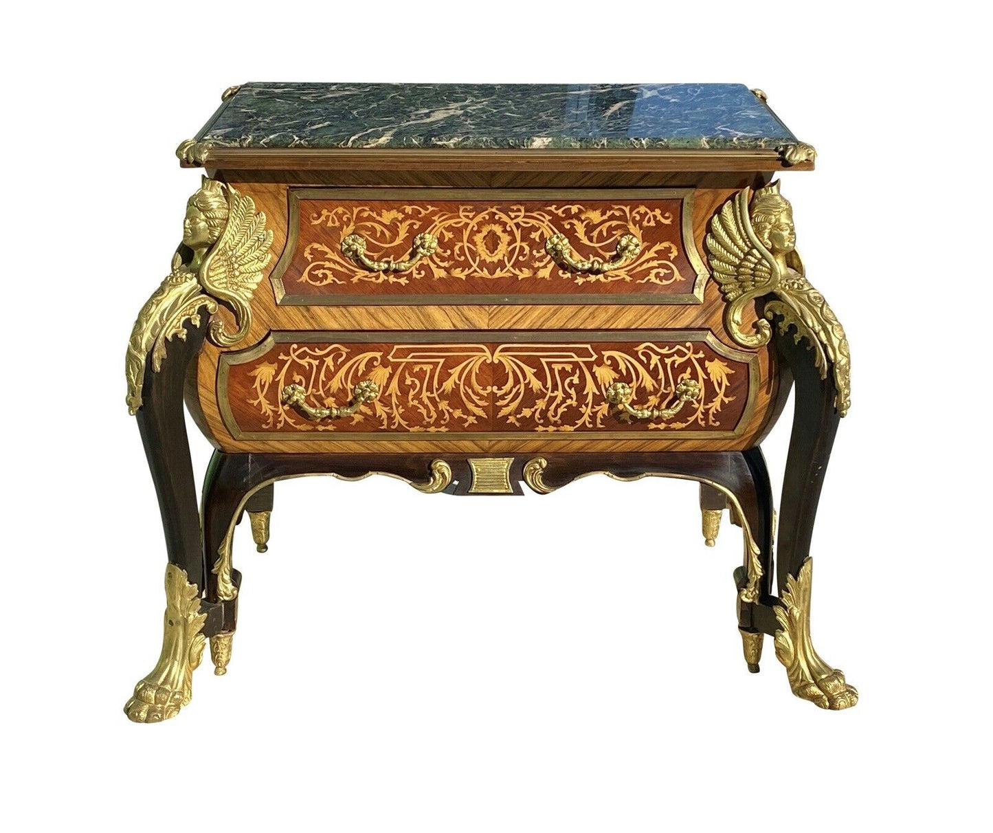 French Louis Xiv Style Walnut Marble Top Bombe Commode With Fire Gilded Accents