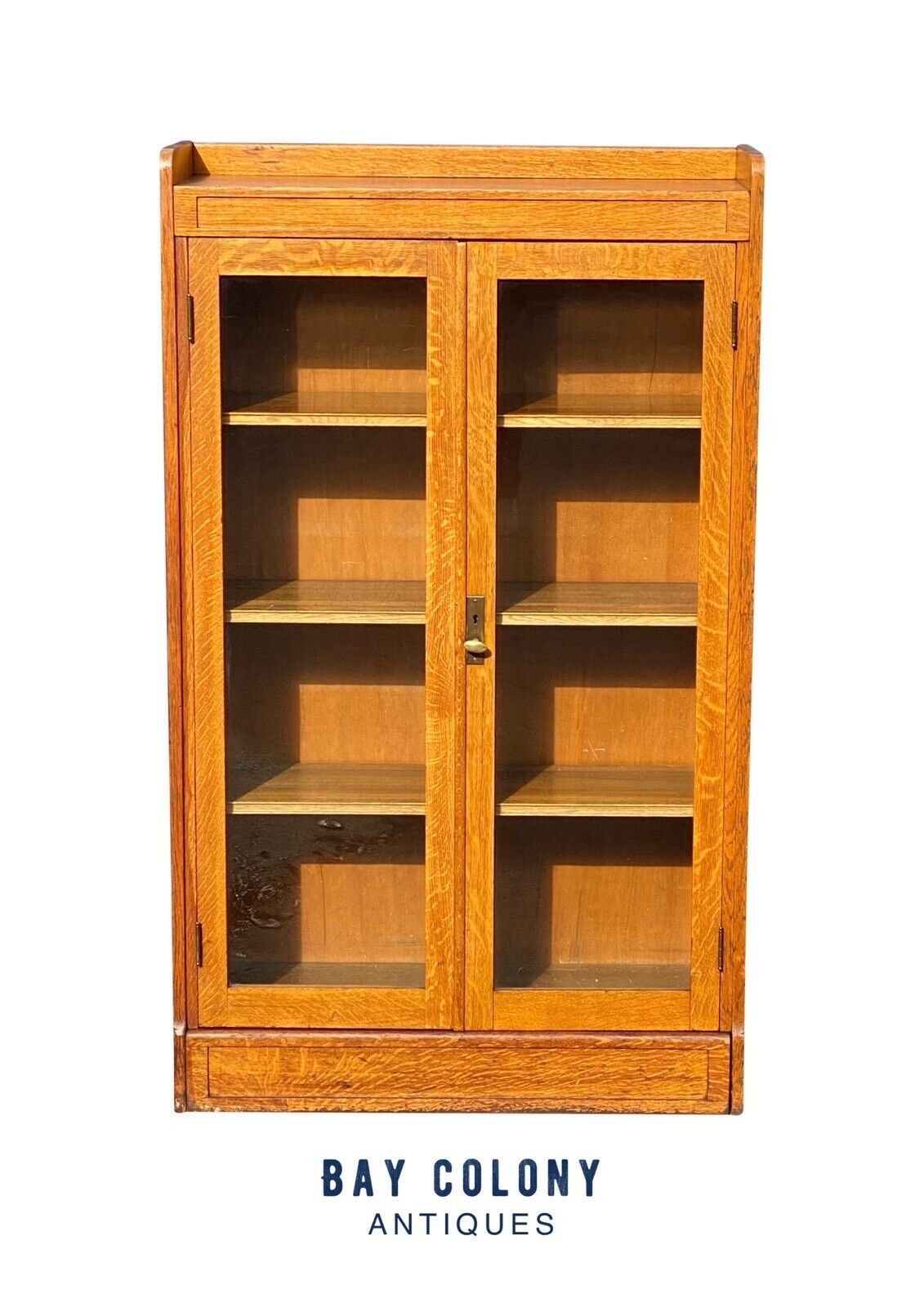 Antique Arts & Crafts Tiger Oak Double Glass Door Bookcase / China Cabinet