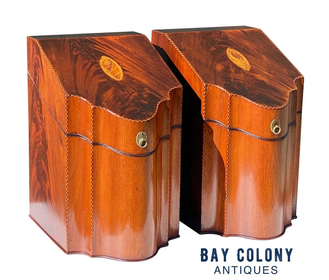 18th C Pair of Antique Federal Mahogany Knife Boxes - Conch Shell & Star Inlay
