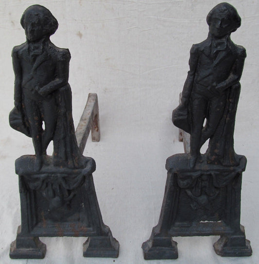 PAIR OF 19TH CENTURY GEORGE WASHINGTON FULL BODIED CAST IRON ANDIRONS