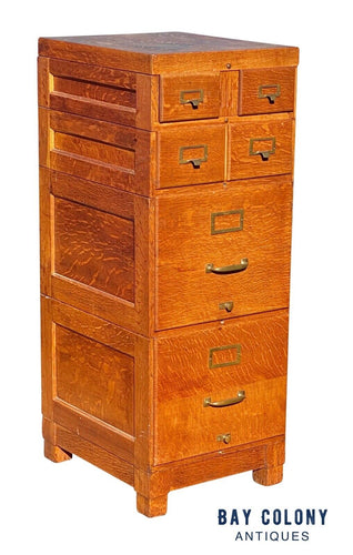 20th C Antique Arts & Crafts Tiger Oak Stacking File Cabinet - Rare Index Drawer