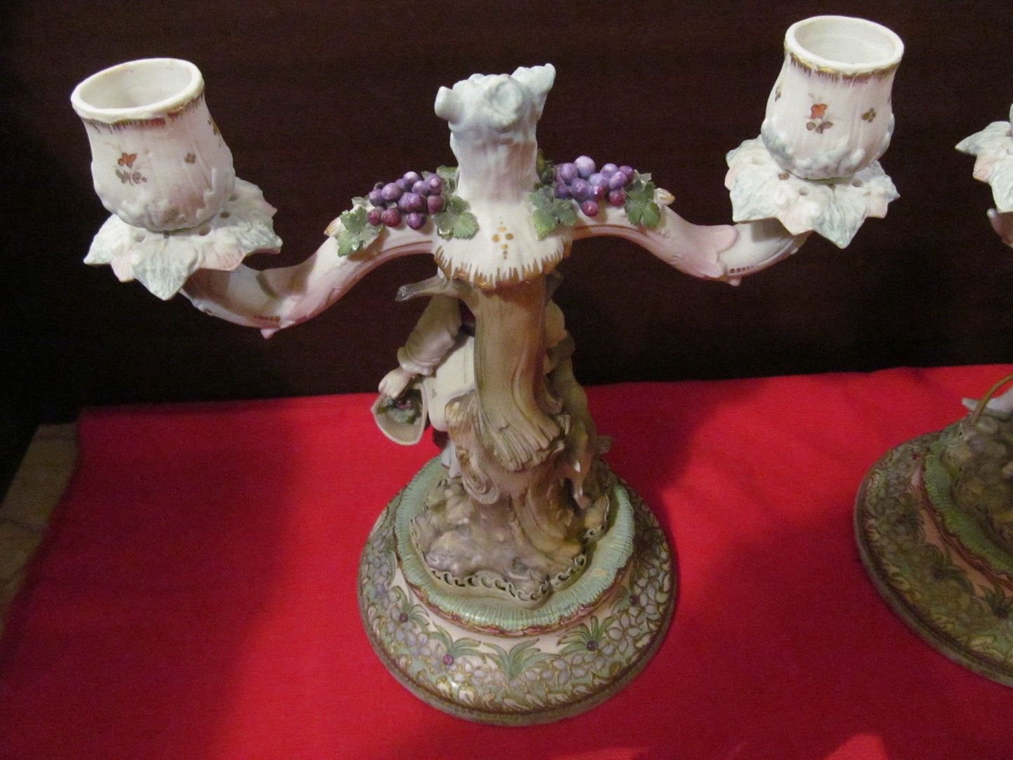 PAIR-DRESDEN FIGURAL CANDELABRA-COURTING COUPLE WITH LAMBS