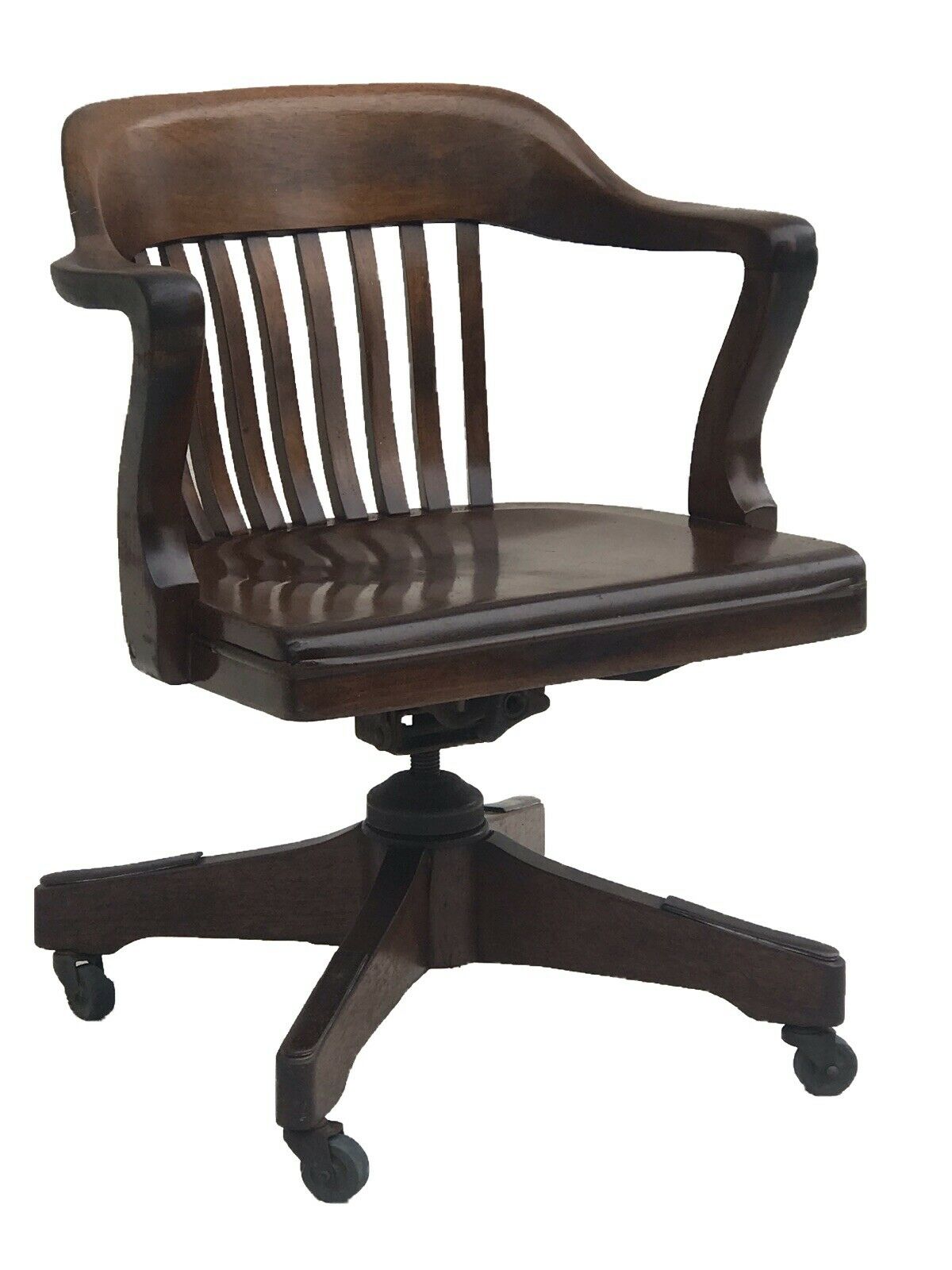 ANTIQUE WALNUT BANK OF ENGLAND OFFICE DESK SWIVEL ARM CHAIR BY TAYLOR CHAIR CO.