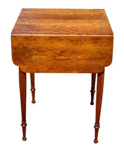 Load image into Gallery viewer, 19TH C ANTIQUE FEDERAL PERIOD CURLY CHERRY DROP LEAF WORK TABLE / NIGHTSTAND