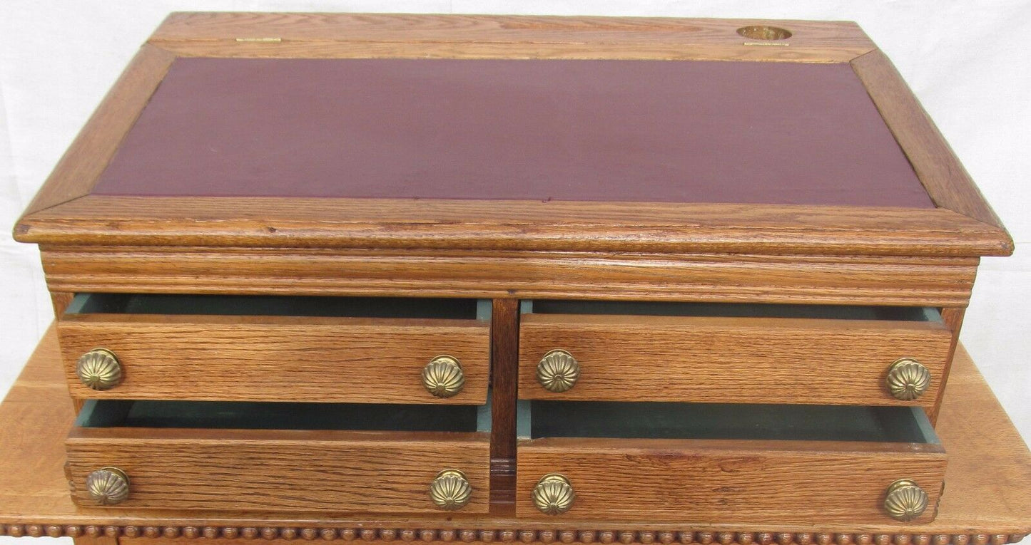 19TH C VICTORIAN SOLID OAK TABLE TOP ANTIQUE CLERK'S DESK / SPOOL CABINET