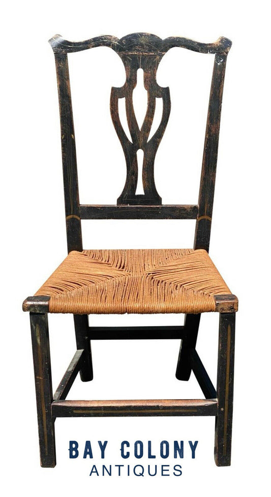 18TH C ANTIQUE NEW ENGLAND COUNTRY PRIMITIVE CHIPPENDALE SIDE CHAIR W/ RUSH SEAT