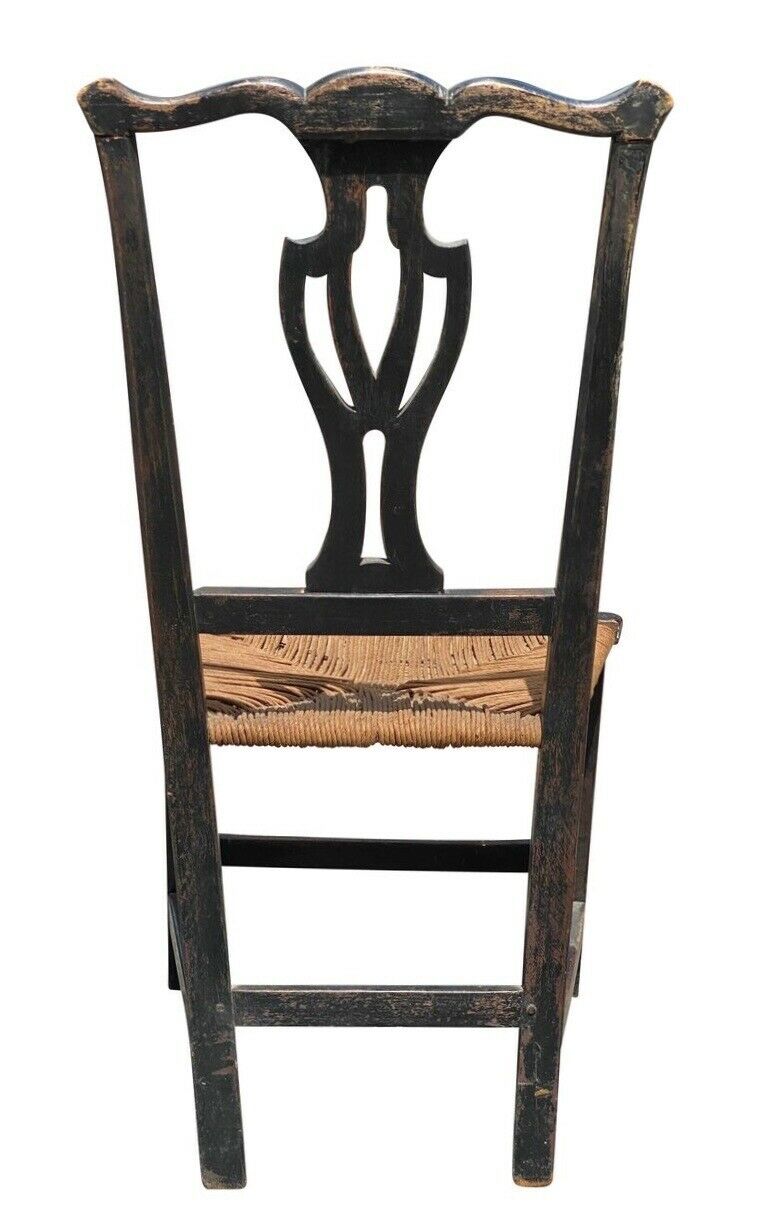 18TH C ANTIQUE NEW ENGLAND COUNTRY PRIMITIVE CHIPPENDALE SIDE CHAIR W/ RUSH SEAT