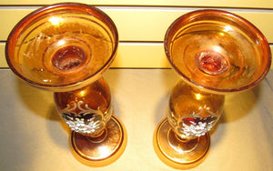 PAIR OF MOSER FLORAL ENAMELED WORKED CANDLESTICKS