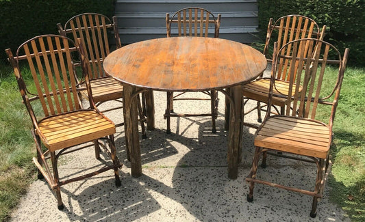 20TH C ADIRONDACK LIVE WOOD TABLE W. FIVE NATURAL BENTWOOD CHAIRS - PATIO SET