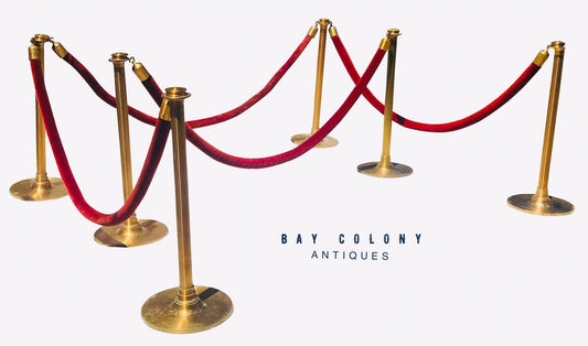 ANTIQUE ART DECO HOTEL / MOVIE THEATRE FLUTED BRASS STANCHIONS W/ VELVET ROPES