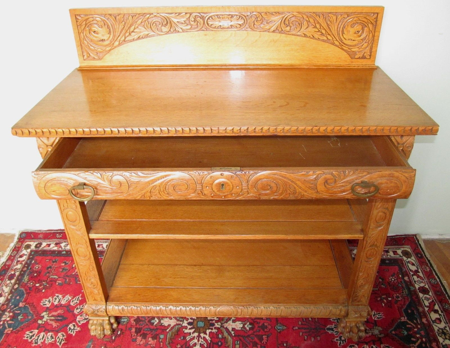 FINELY CARVED VICTORIAN QUARTERED OAK SIDEBOARD-PROFESSIONALLY REFINISHED-A1