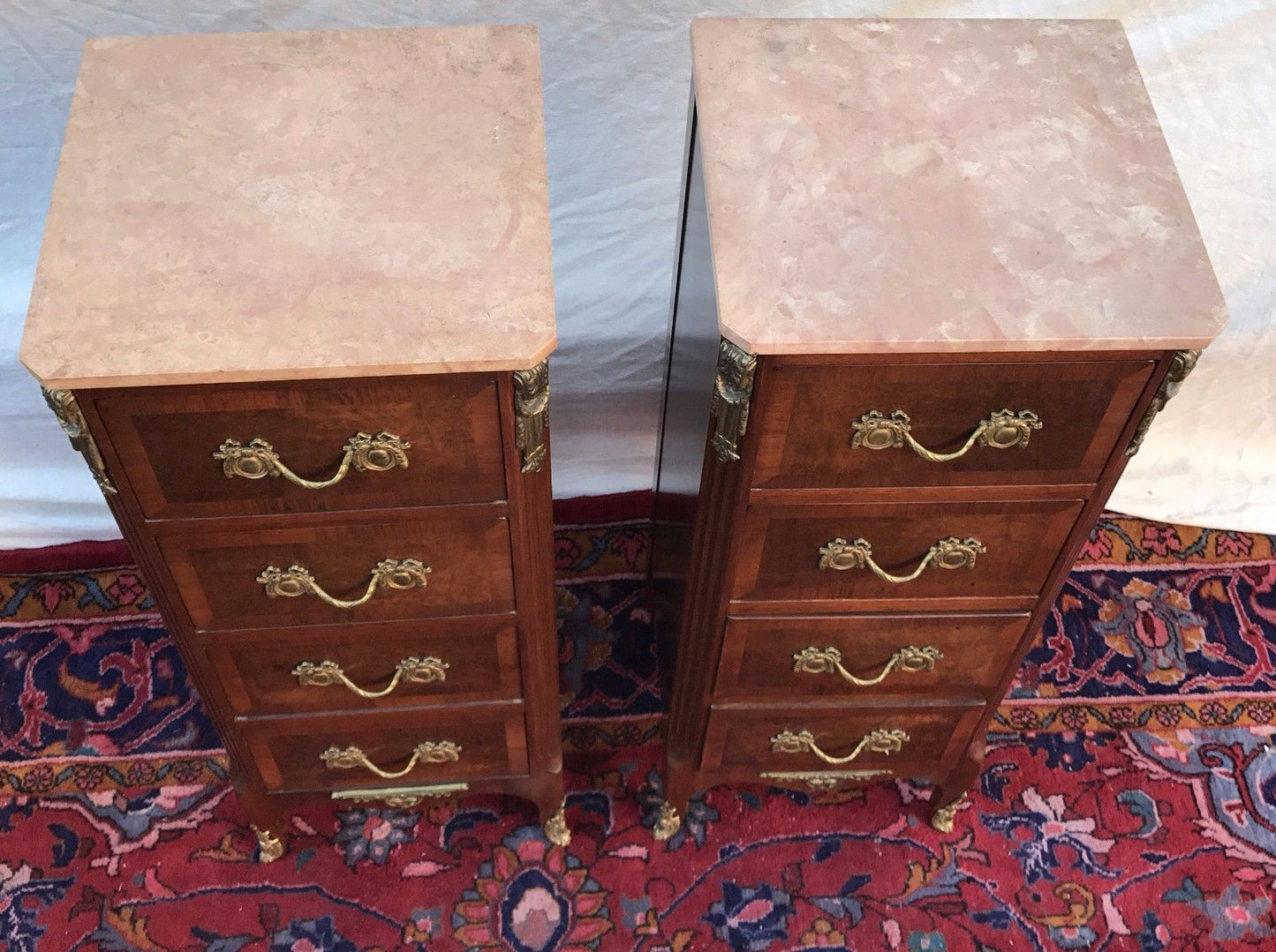 FINELY ADORNED PAIR OF FRENCH MARBLE TOPPED LINGERIE CHESTS WITH ORNAMENTATIONS