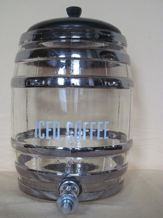 EXCELLENT VINTAGE ICE COFFEE DISPENSER IN CHROME & GLASS BARREL SHAPE