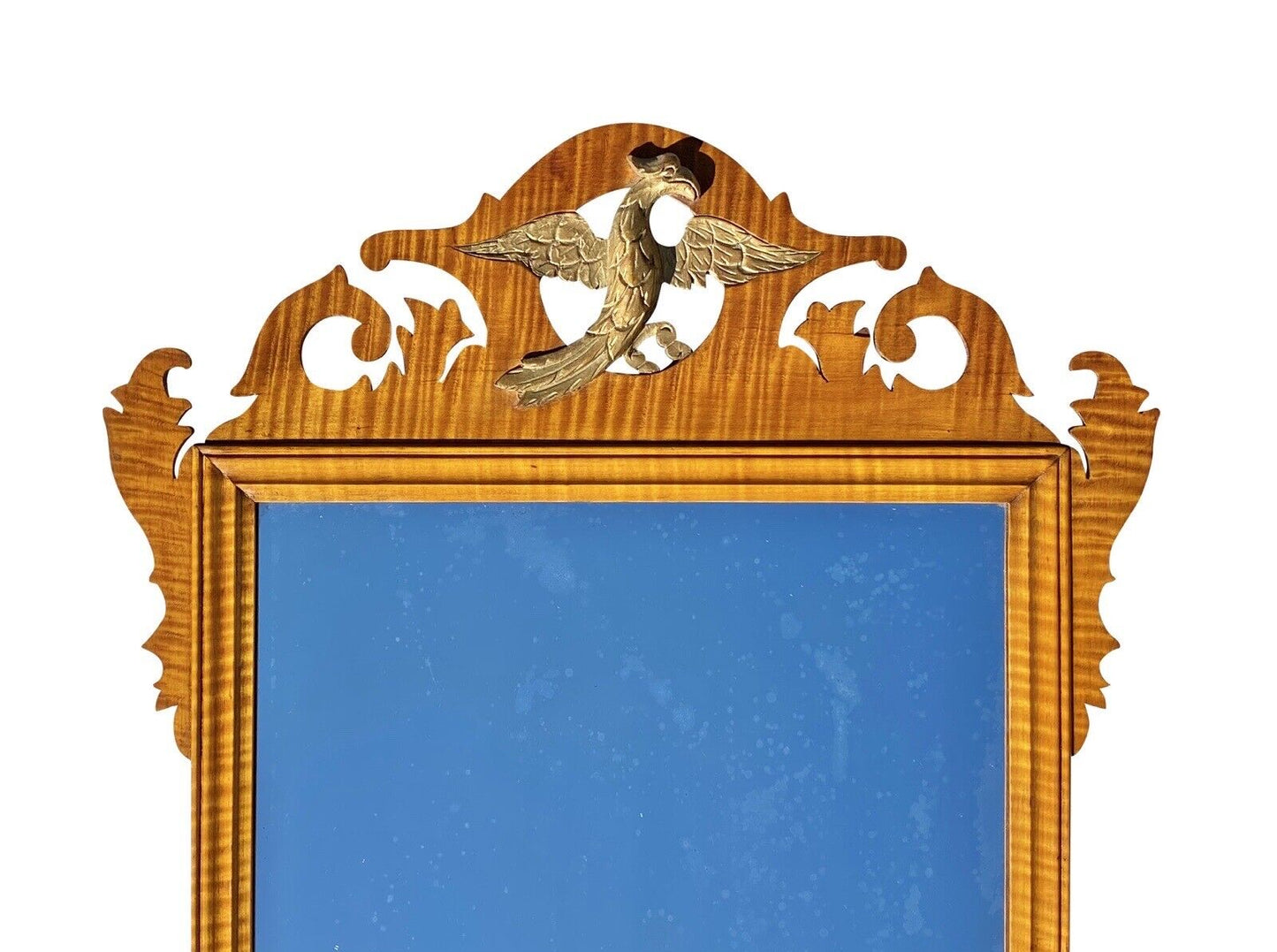 Antique Chippendale Style Tiger Maple Mirror With Carved Phoenix Crest