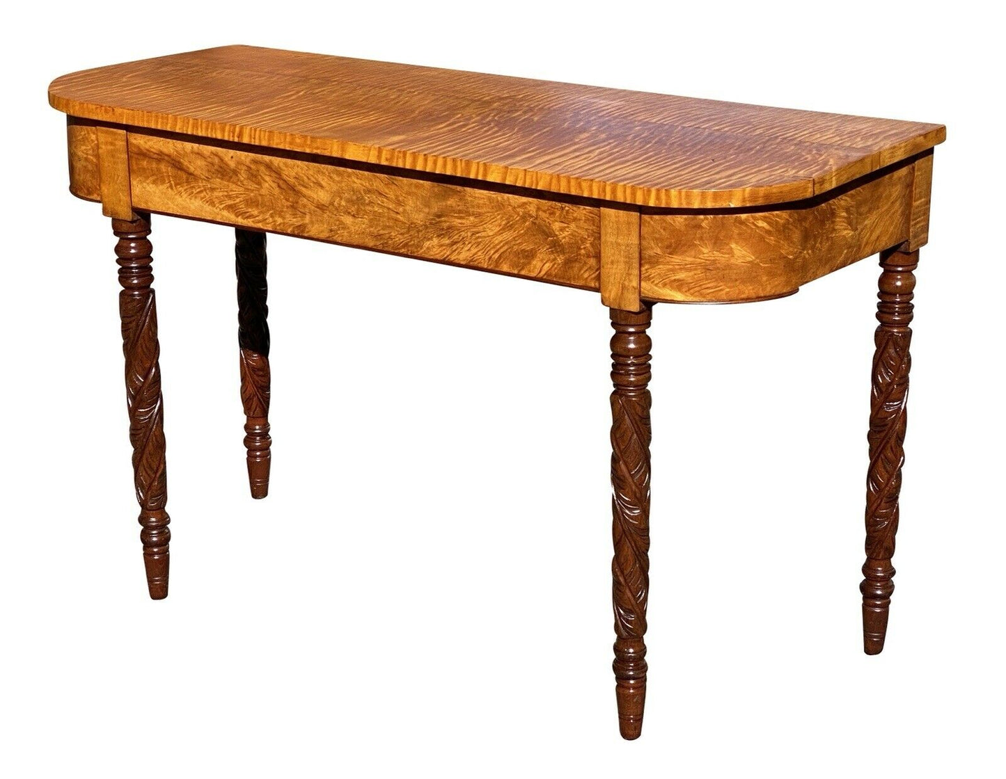 19th C Antique Mahogany & Tiger Maple D Shape Console Table