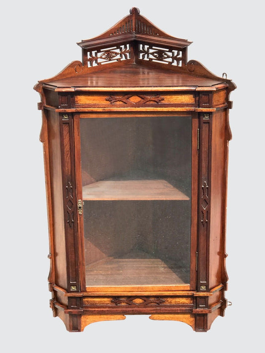 19TH C. VICTORIAN WALNUT HANGING CORNER CABINET W/ FRETWORK GALLERY & GLASS DOOR