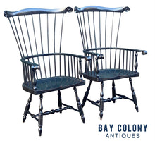 Load image into Gallery viewer, 20th C Antique Style Pair of Windsor Comb Back Black Painted Arm Chairs