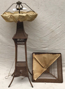 EARLY 20TH C ARTS & CRAFTS HEYWOOD WAKEFIELD WICKER FLOOR LAMP W/ SILK UNDERLAY