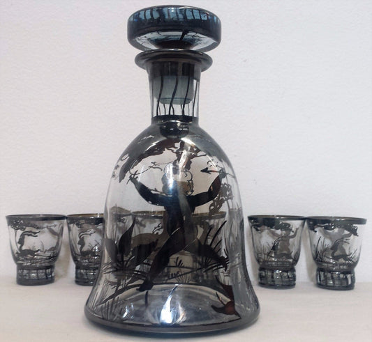 7 PC. ART NOUVEAU GLASS DECANTER SET WITH SILVER OVERLAID CUPID HUNTING SCENE