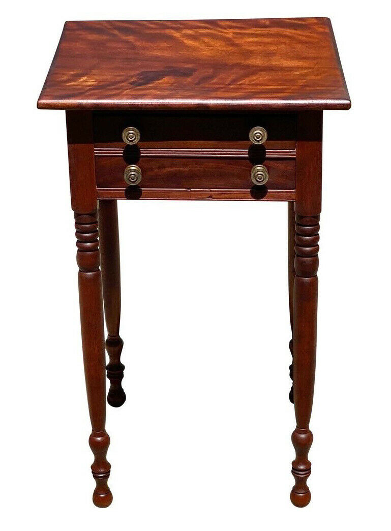 19TH C ANTIQUE SHERATON CHERRY & BIRDS EYE MAPLE WORK TABLE / NIGHTSTAND