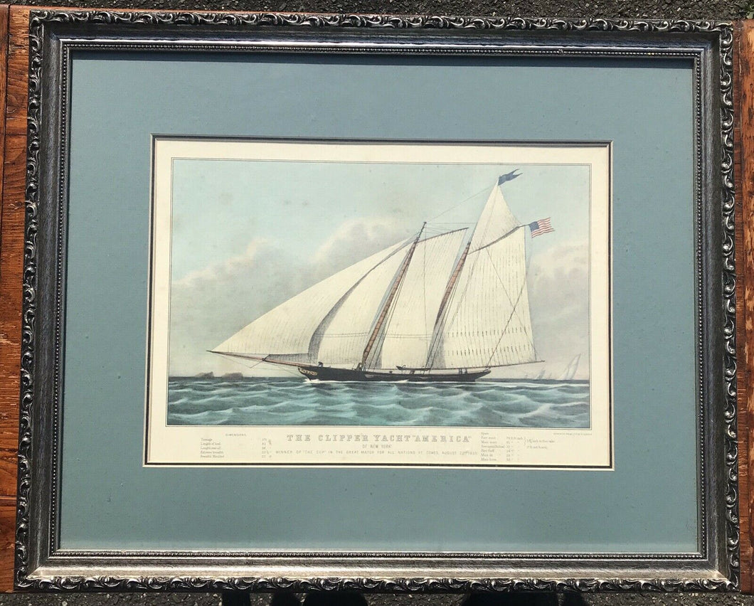 20TH C VINTAGE FRAMED THE CLIPPER YACHT AMERICA NAUTICAL PRINT ~ CURRIER & IVES