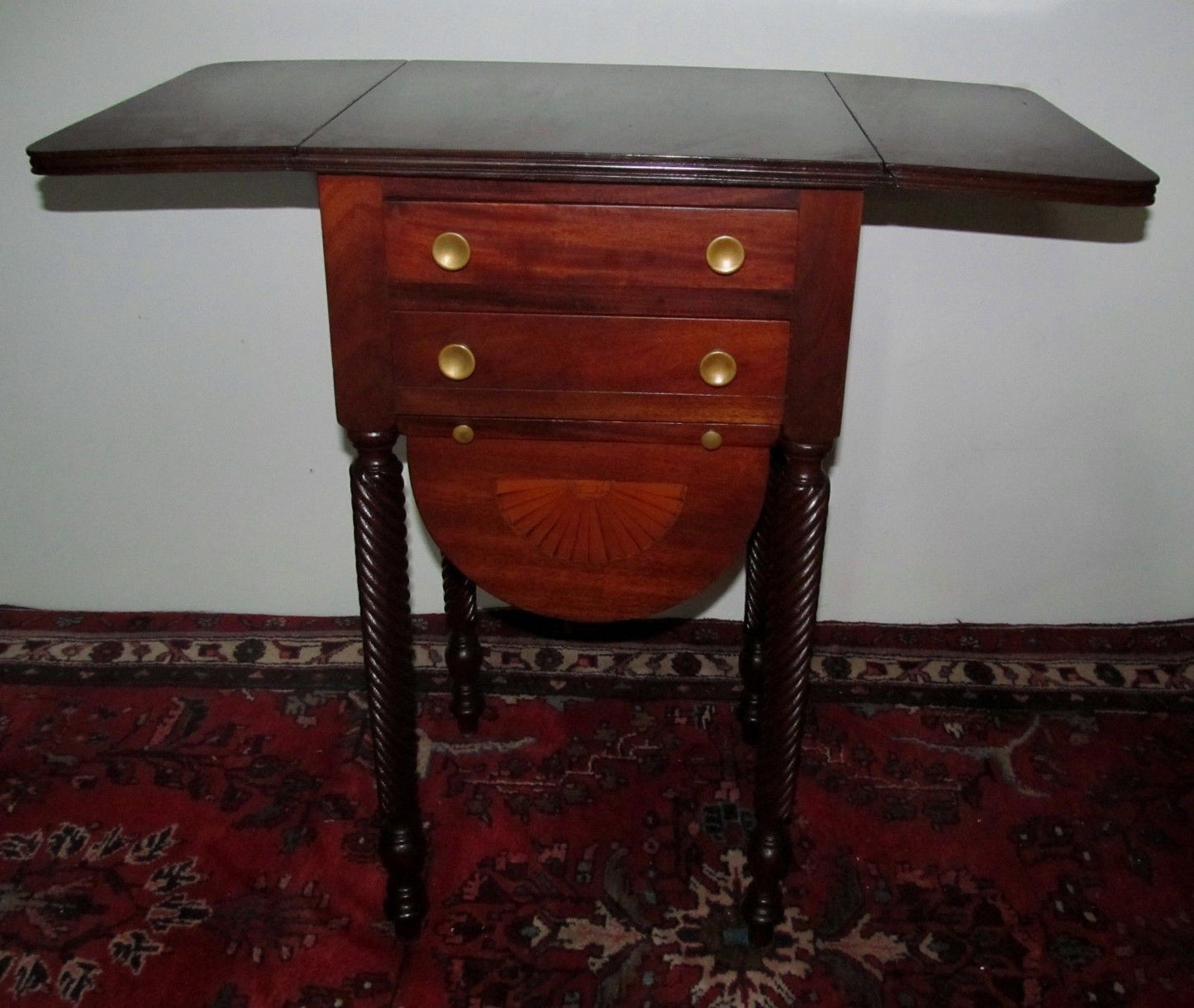 SHERATON STYLE INLAID MAHOGANY WORK TABLE WITH TWIST CARVED LEGS & BASE CABINET