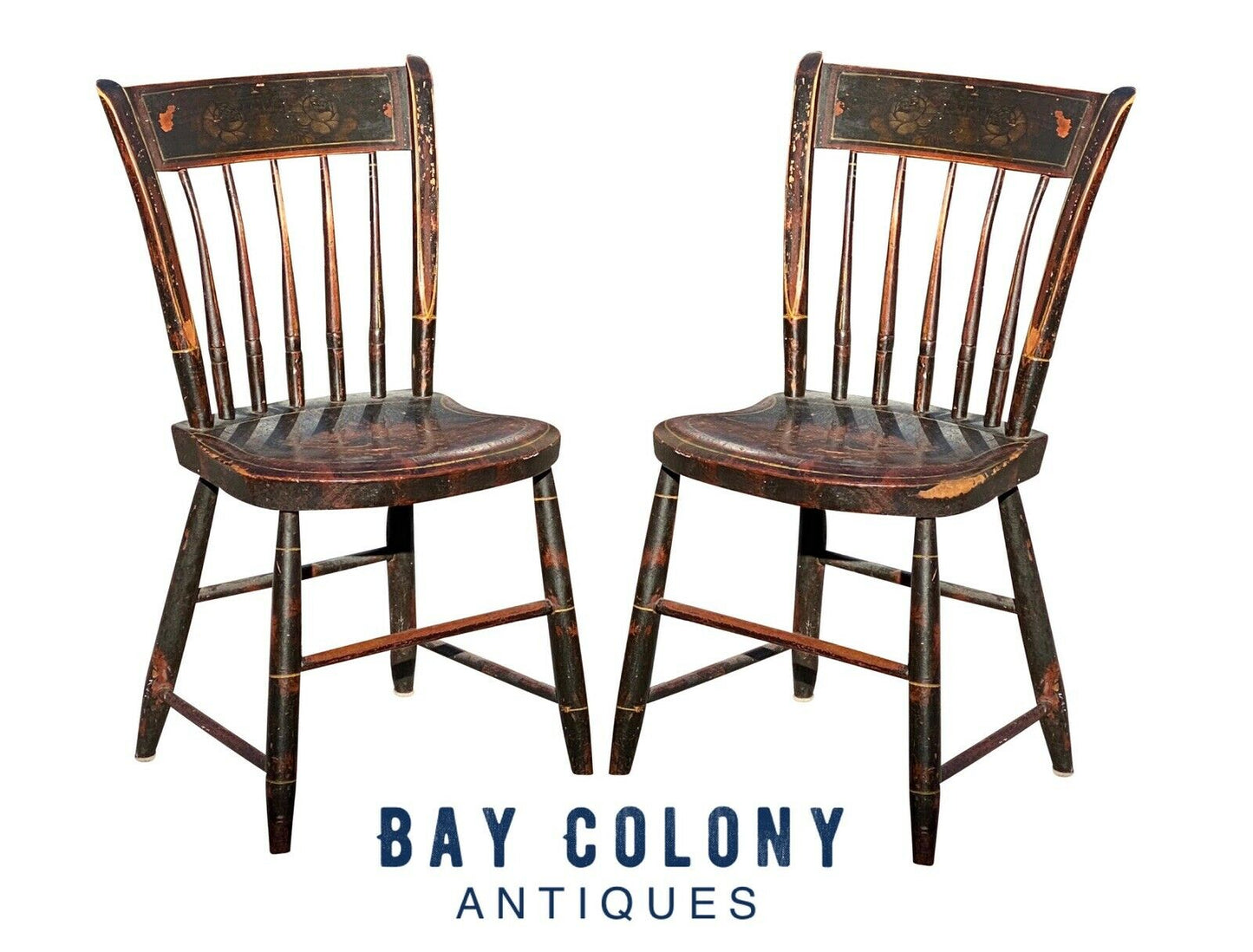 19TH C PAIR OF ANTIQUE COUNTRY PRIMITIVE FANCY PAINT WINDSOR THUMB BACK CHAIRS