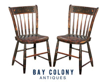 Load image into Gallery viewer, 19TH C PAIR OF ANTIQUE COUNTRY PRIMITIVE FANCY PAINT WINDSOR THUMB BACK CHAIRS