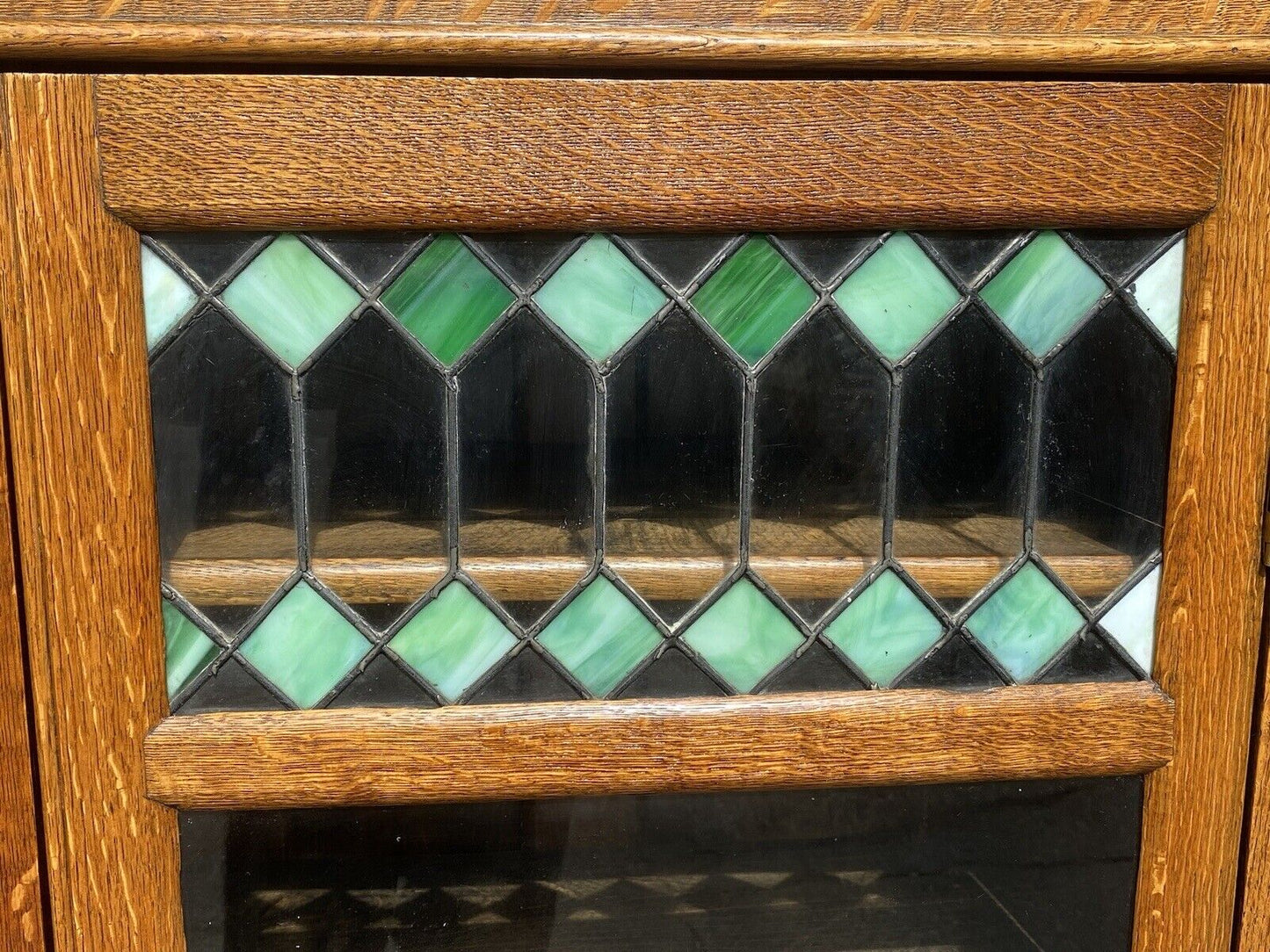 Antique Tiger Oak Larkin Bookcase / China Cabinet With Green Slag Glass Doors