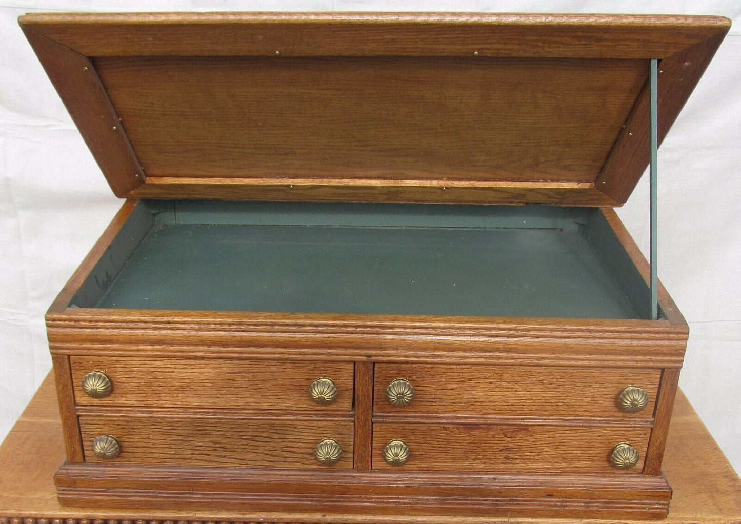 19TH C VICTORIAN SOLID OAK TABLE TOP ANTIQUE CLERK'S DESK / SPOOL CABINET