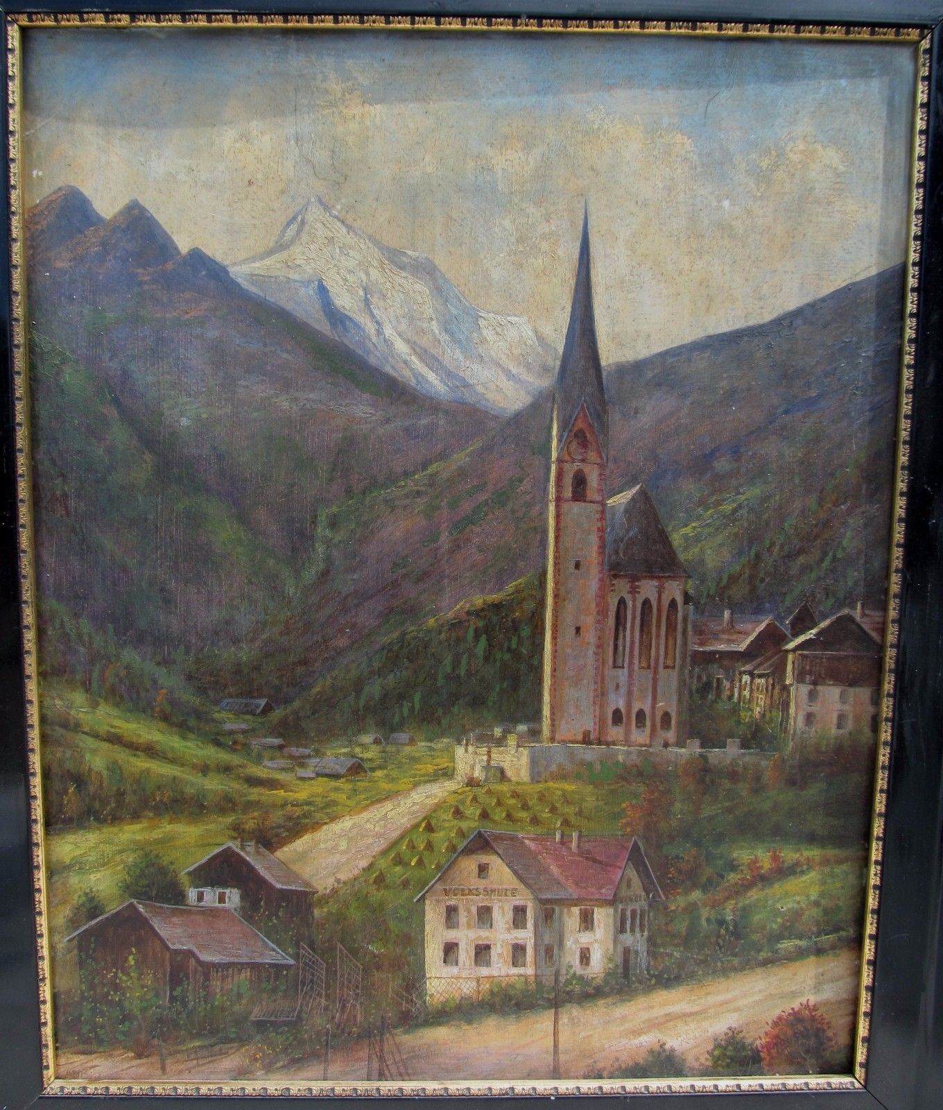 19th CENTURY OIL ON CANVAS AUSTRIAN LANDSCAPE OF THE VILLAGE OF HEILIGENBLUT