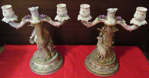 PAIR-DRESDEN FIGURAL CANDELABRA-COURTING COUPLE WITH LAMBS