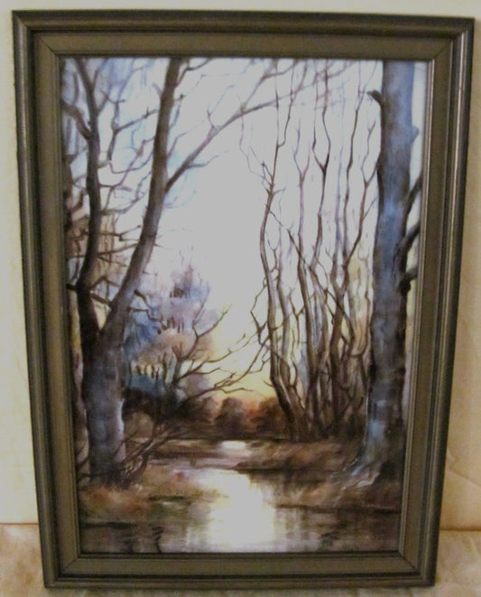 ANTIQUE OIL ON PORCELAIN PLAQUE LANDSCAPE PAINTING OF BIRCHES & STREAM