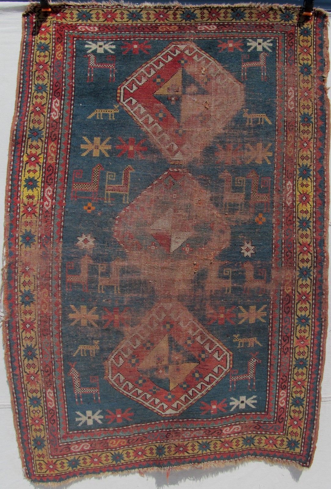 ANTIQUE CAUCASIAN KAZAK ESTATE CARPET 4'7" x 3'1" - FASCINATING SPECIMEN