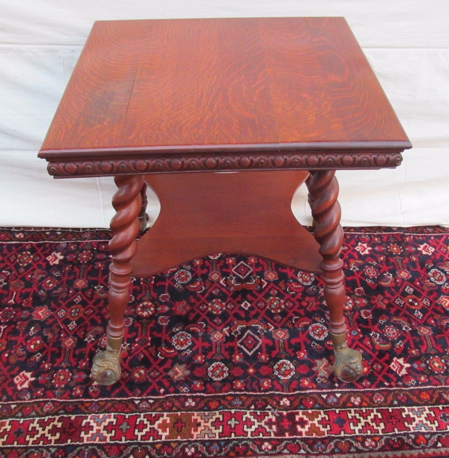 VICTORIAN TIGER OAK PARLOR TABLE WITH GLASS BALL & CAST IRON GROTESQUE HEAD FEET