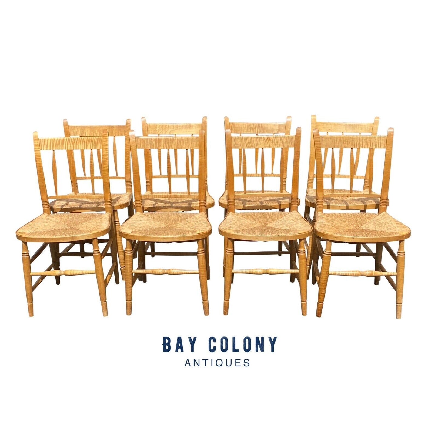 Set of Eight Federal Style Tiger Maple Country Windsor Thumb Back Dining Chairs