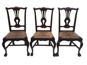 20TH C SET OF 6 CHIPPENDALE ANTIQUE STYLE BALL & CLAW DINING CHAIRS ~ RUSH SEATS