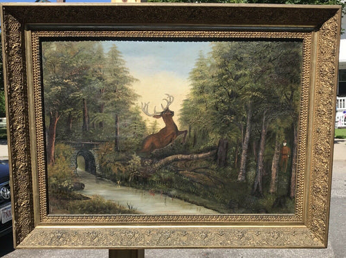 19TH C OIL ON CANVAS NATURALIST ANTIQUE LANDSCAPE PAINTING ~ DEER HUNTING SCENE