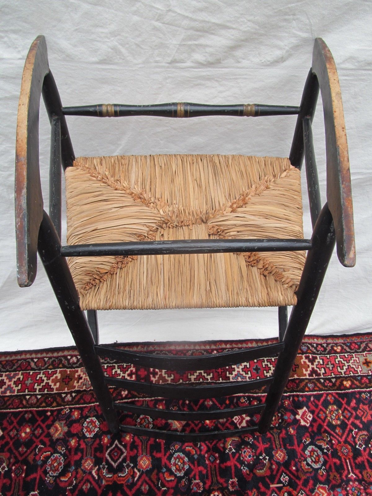 18th CENTURY QUEEN ANNE PERIOD ROCKING ARM CHAIR IN ORIGINAL BLACK PAINT