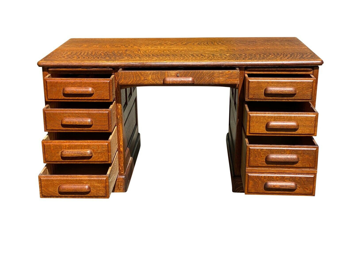 19TH C ANTIQUE VICTORIAN DOUBLE BANK 5 FOOT TIGER OAK OFFICE DESK